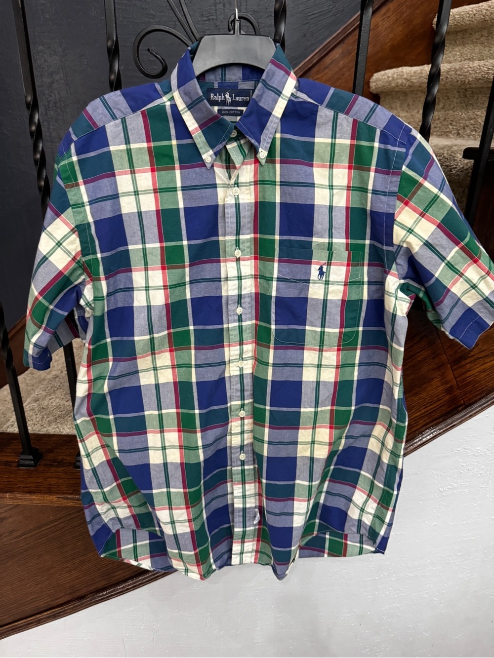 Medium Ralph Lauren Navy Green Cream Plaid Short-Sleeve Button-Down Shirt